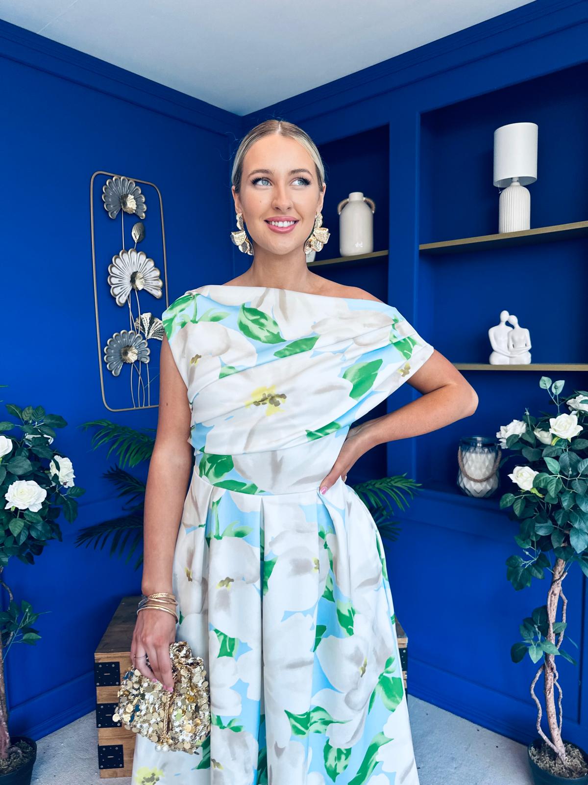 Breffy Asymmetric Neckline Skater Midi Floral Green