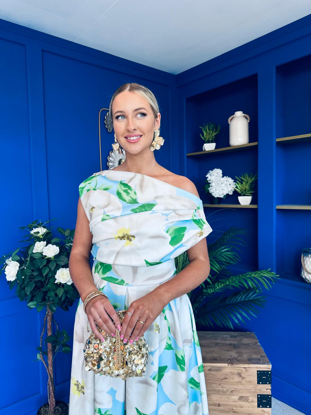 Breffy Asymmetric Neckline Skater Midi Floral Green