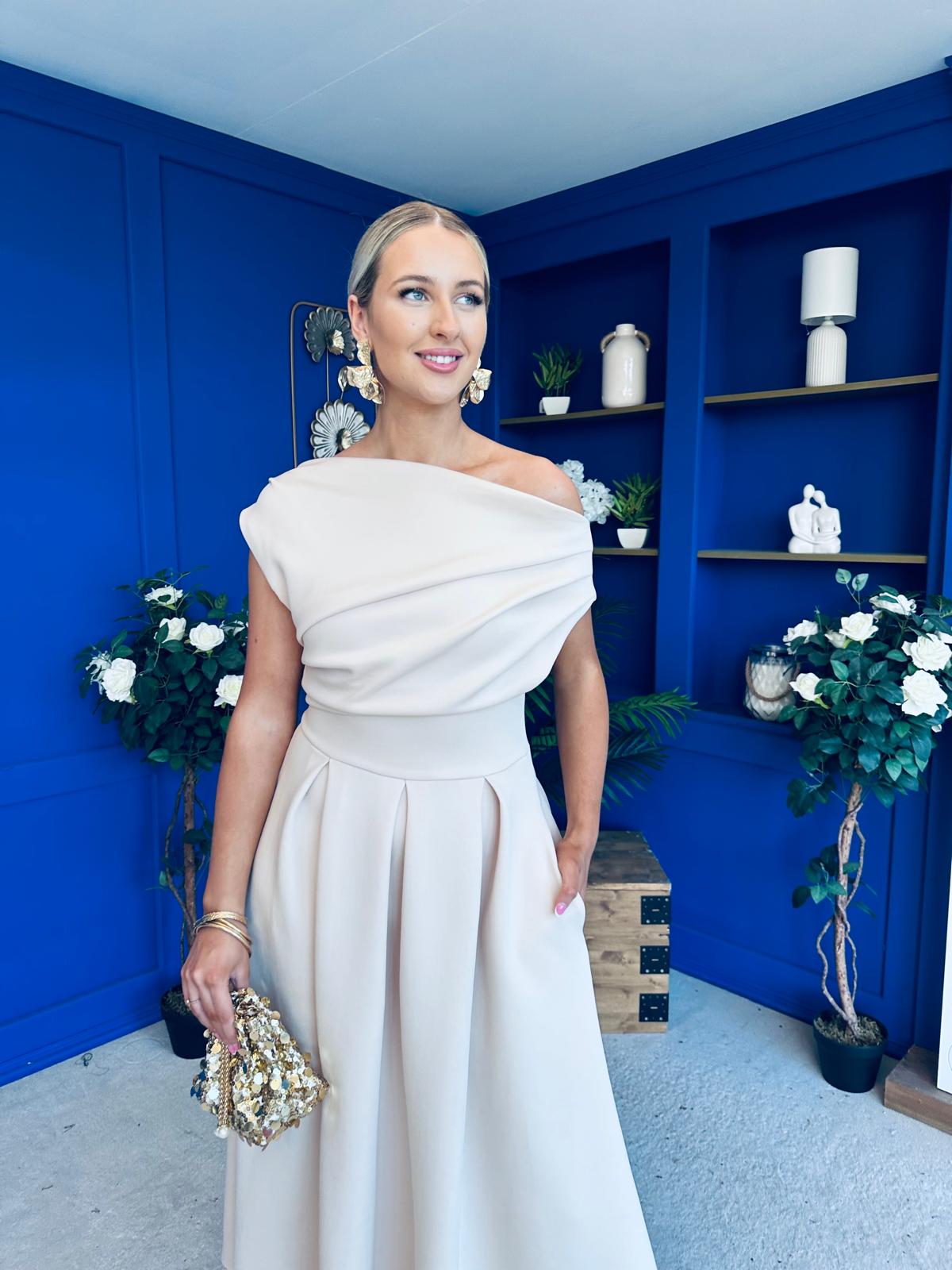 Breffy Asymmetric Neckline Skater Midi Cream