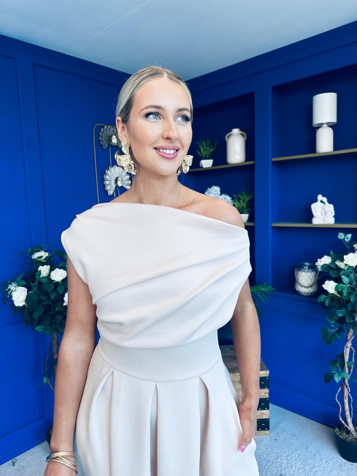 Breffy Asymmetric Neckline Skater Midi Cream