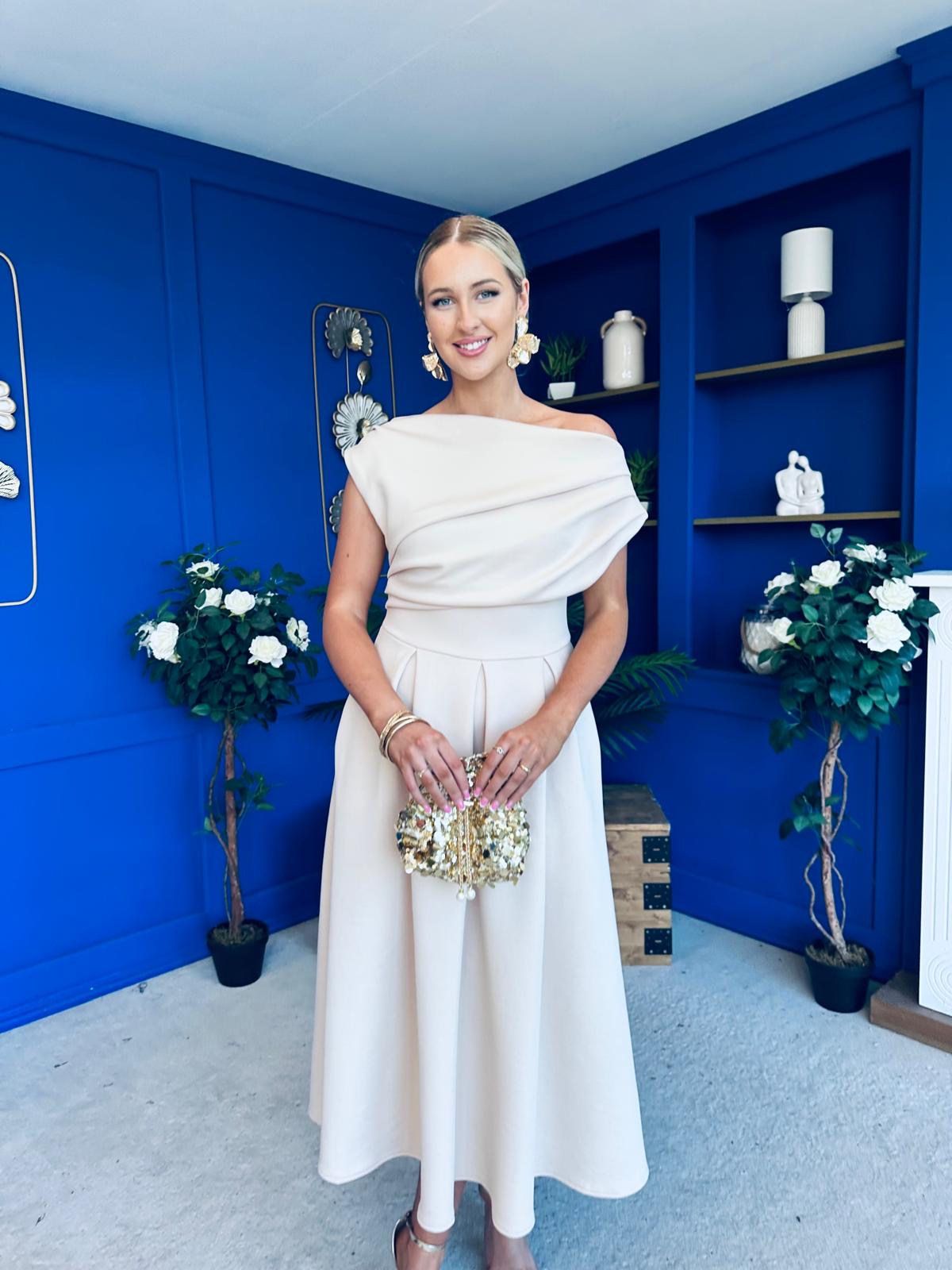 Breffy Asymmetric Neckline Skater Midi Cream