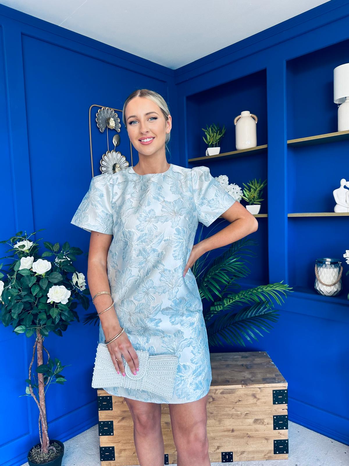 Keisha Jacquard Mini Shift Dress Ice Blue Keisha Jacquard Mini Shift Dress Ice Blue
