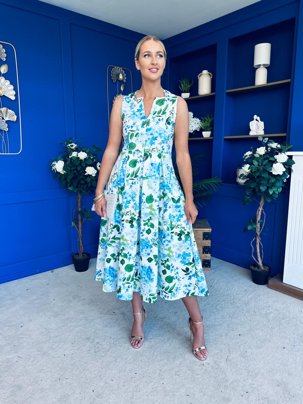 Ameya Notch Neck Sleeveless Midi Dress Floral Blue