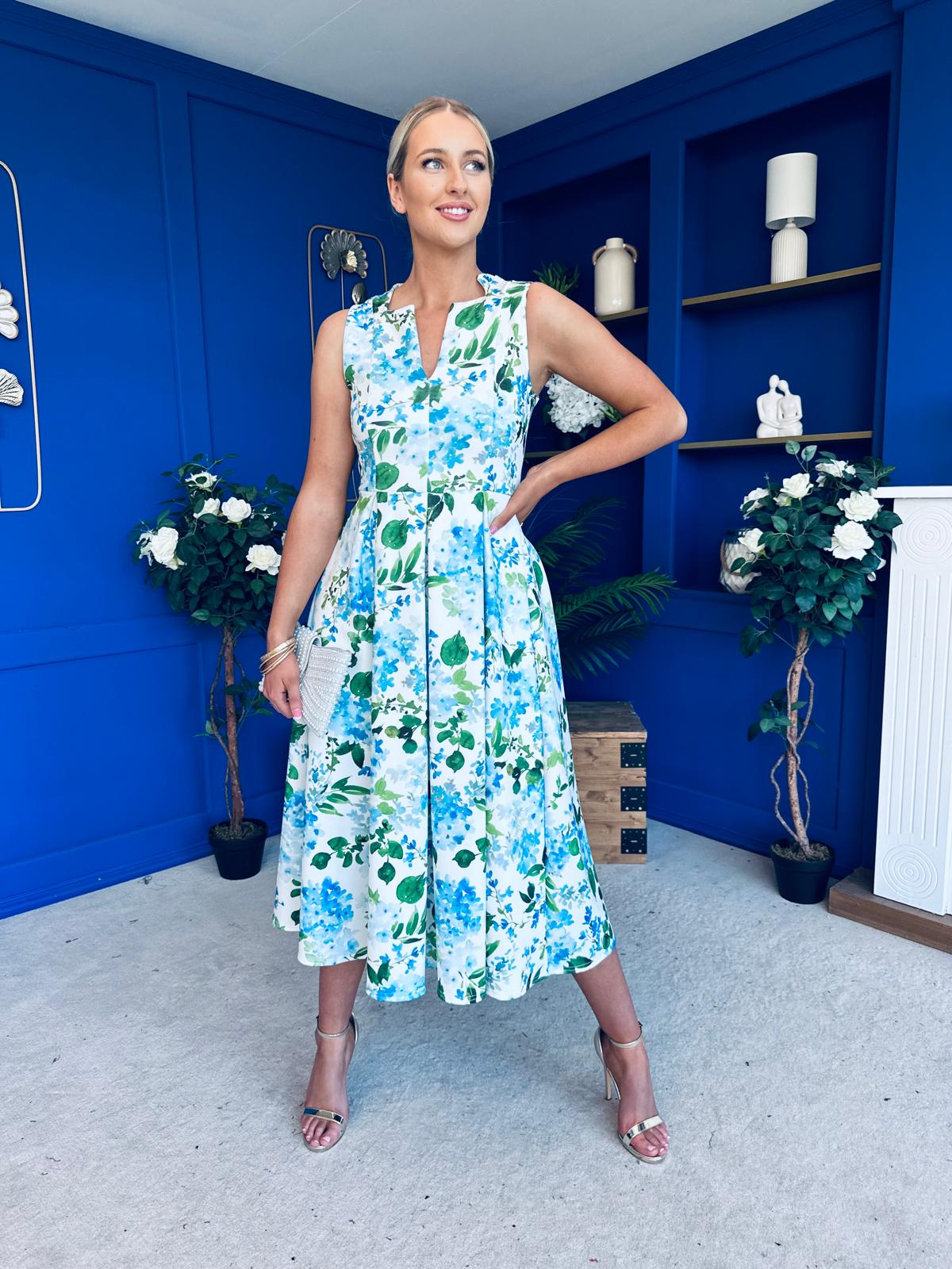 Ameya Notch Neck Sleeveless Midi Dress Floral Blue