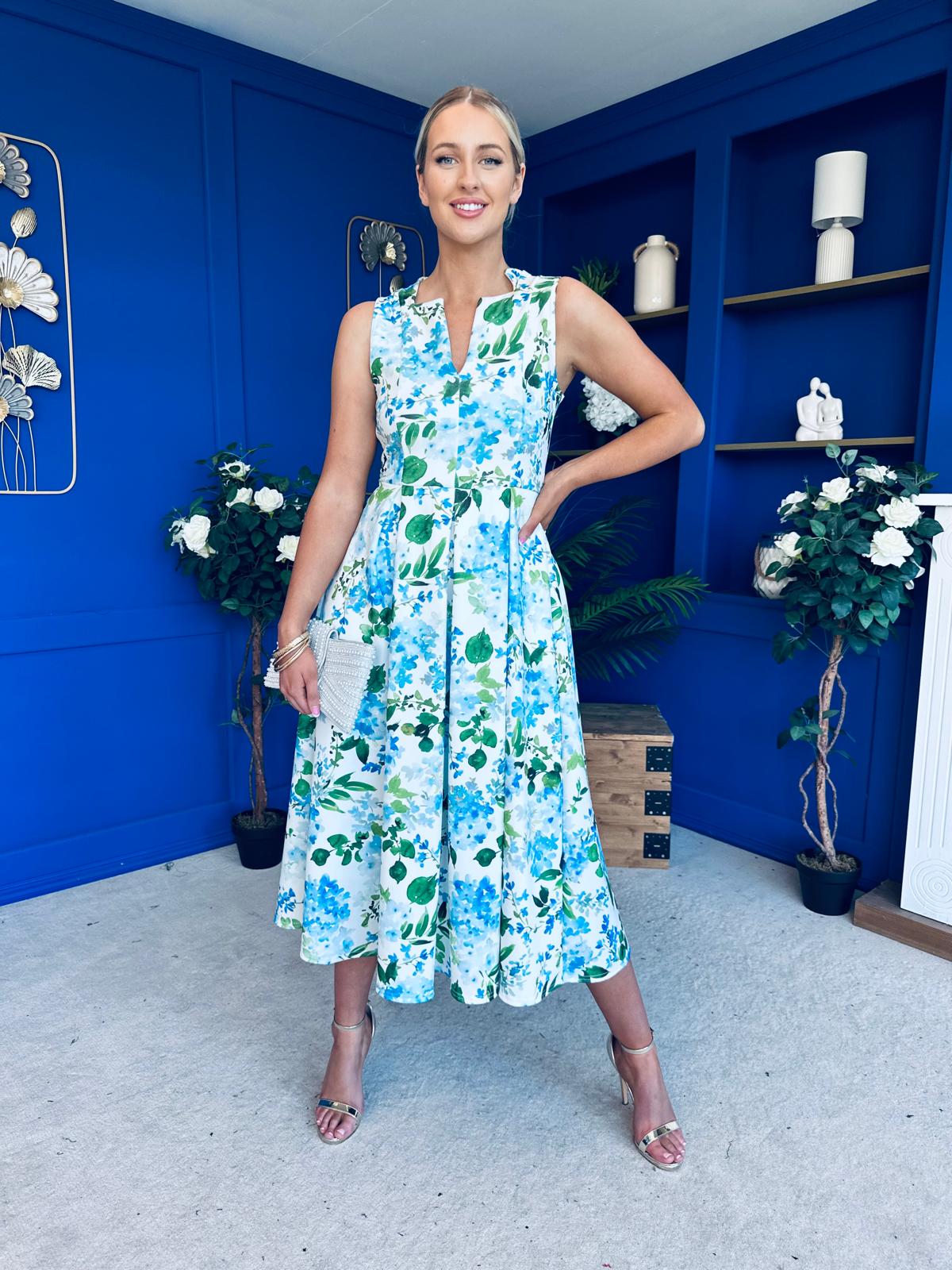 Ameya Notch Neck Sleeveless Midi Dress Floral Blue