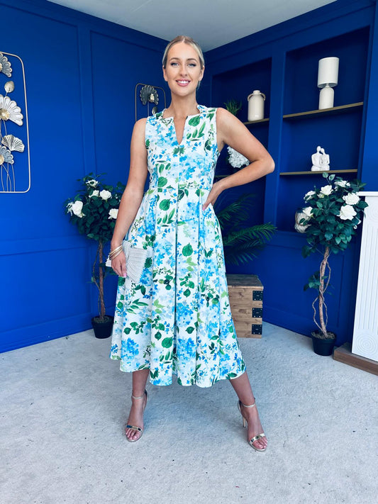 Ameya Notch Neck Sleeveless Midi Dress Floral Blue