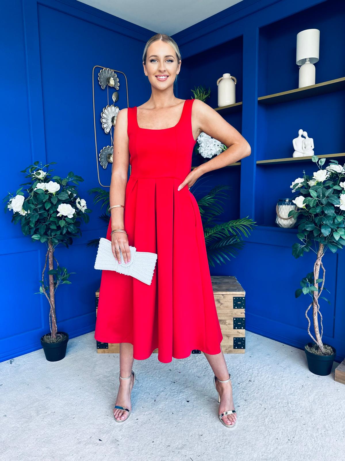 Erica Square Neck Midi Dress Red