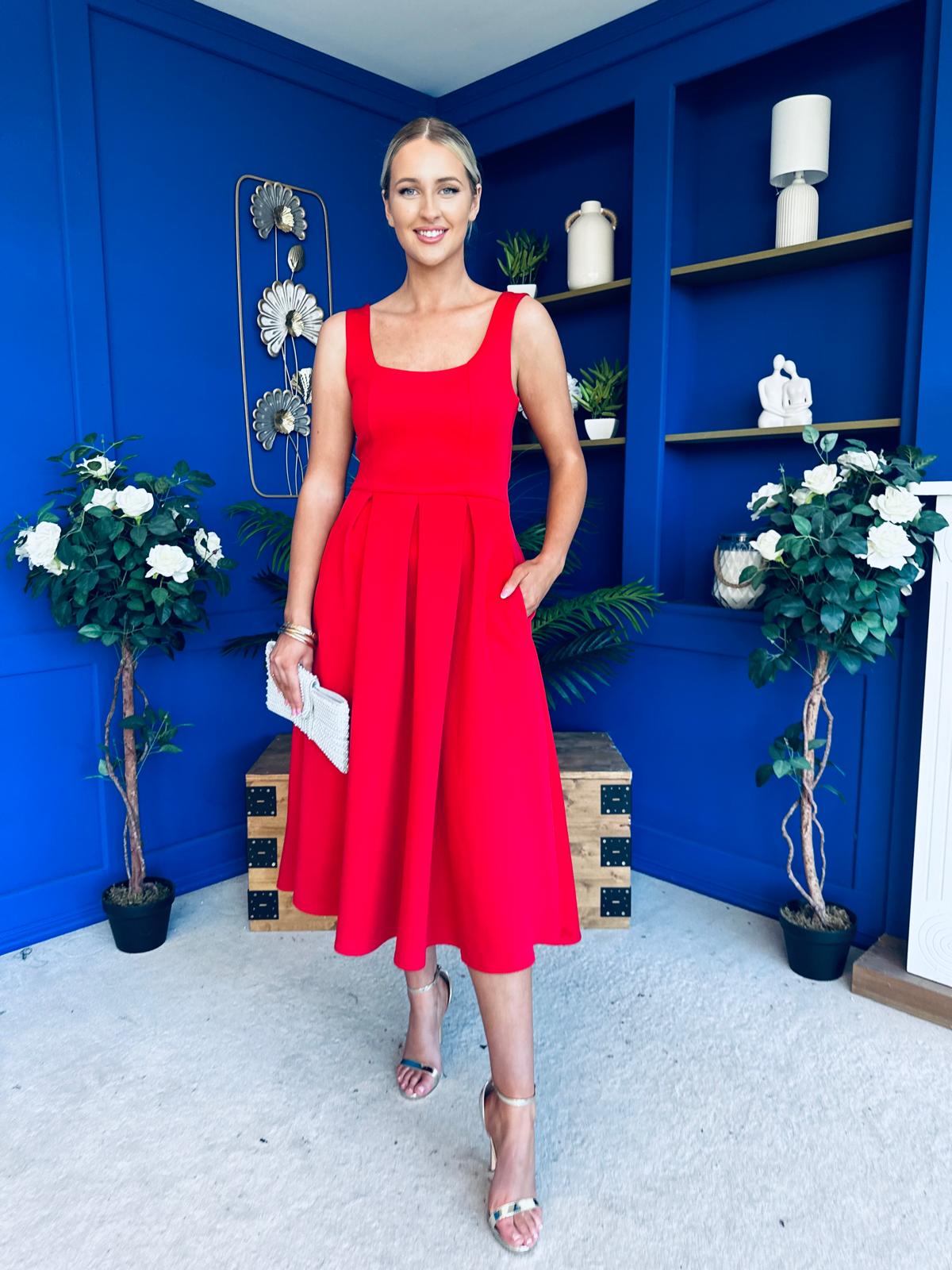 Erica Square Neck Midi Dress Red