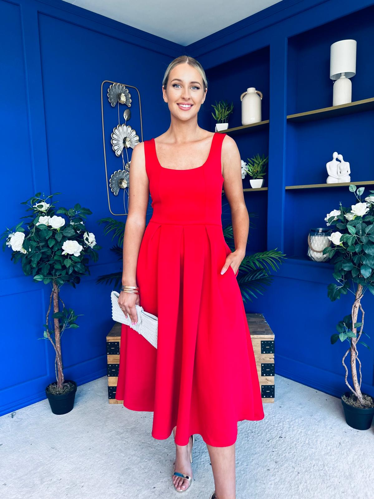 Erica Square Neck Midi Dress Red