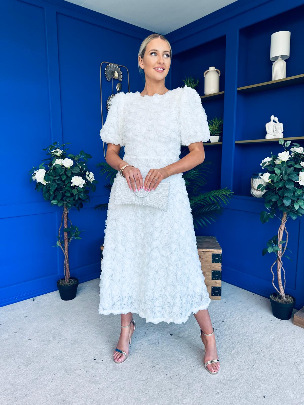 Pippa 3D Floral Occasion Dress White