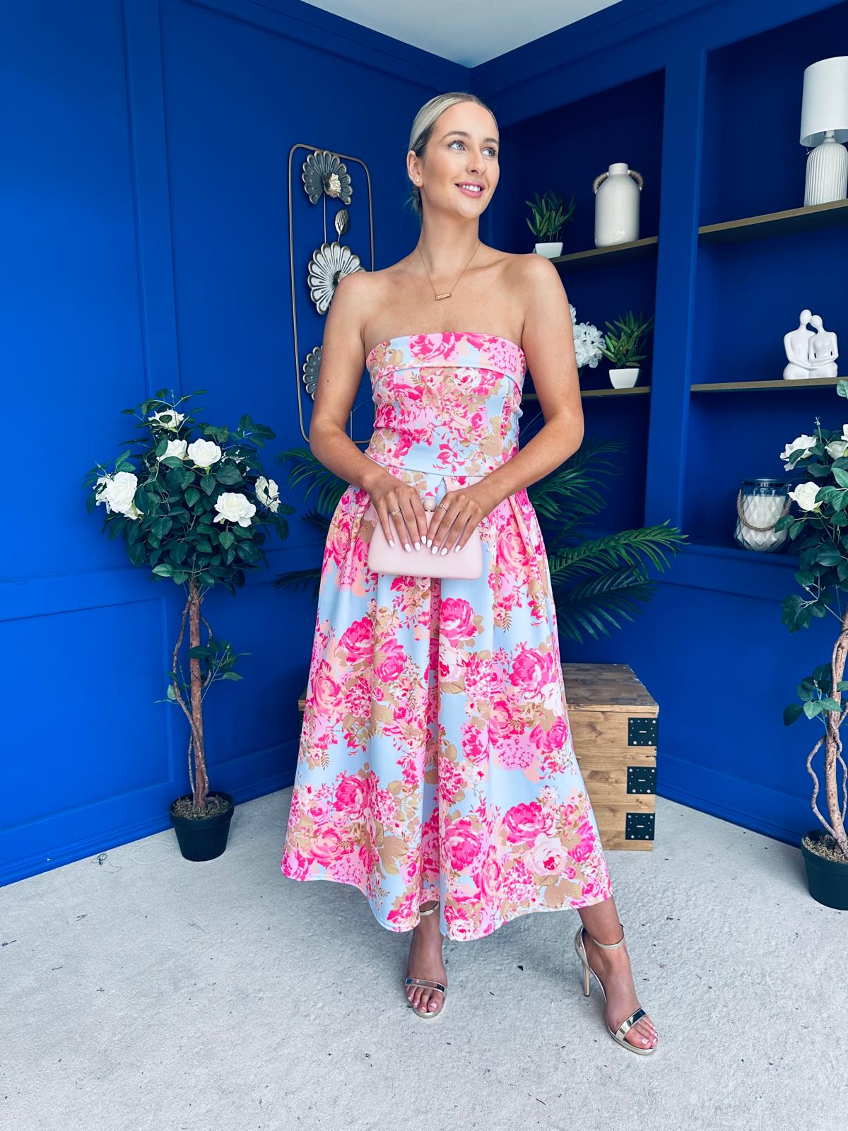 Danni Strapless Bandeau Midi Dress Floral