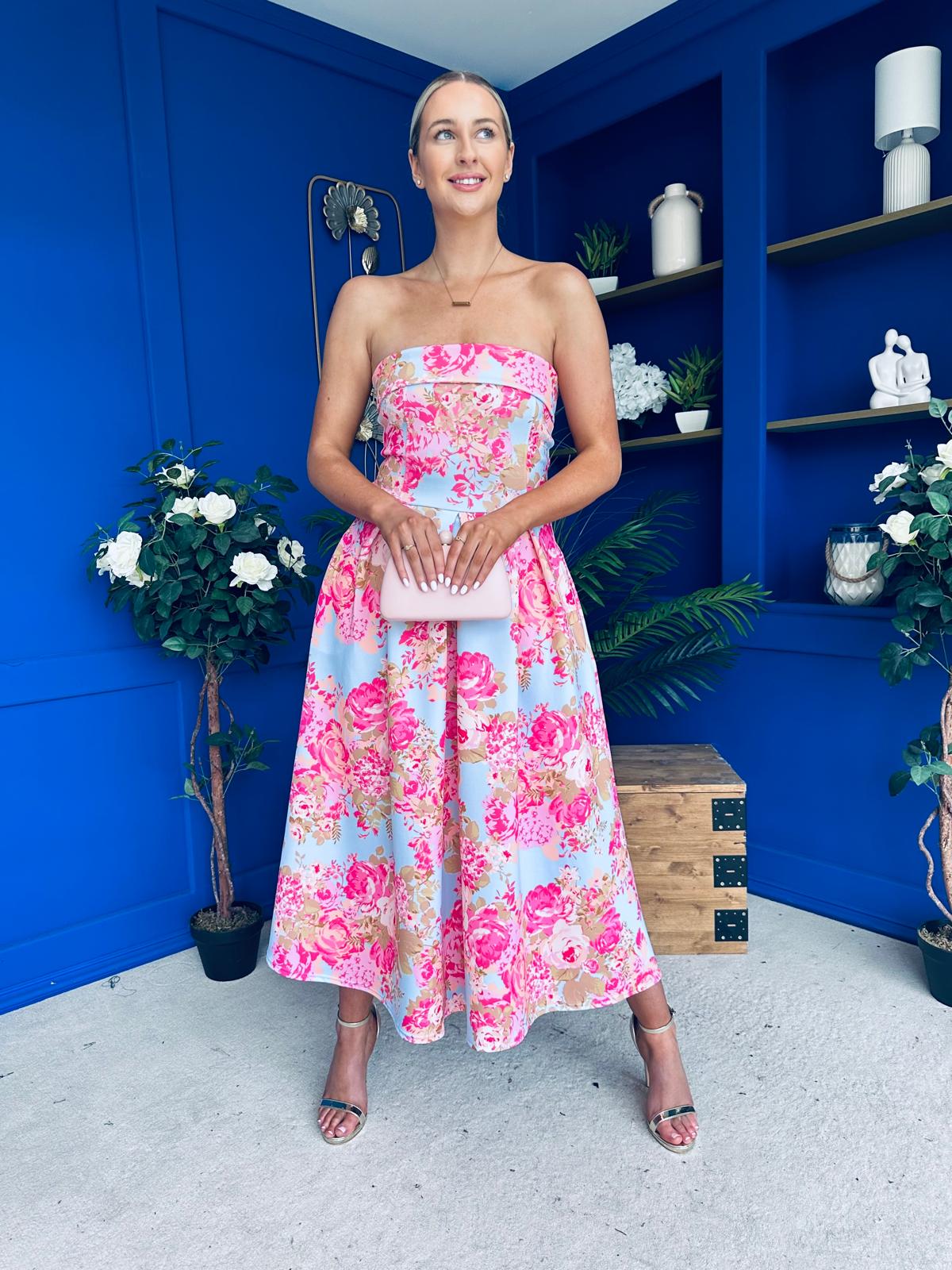 Danni Strapless Bandeau Midi Dress Floral