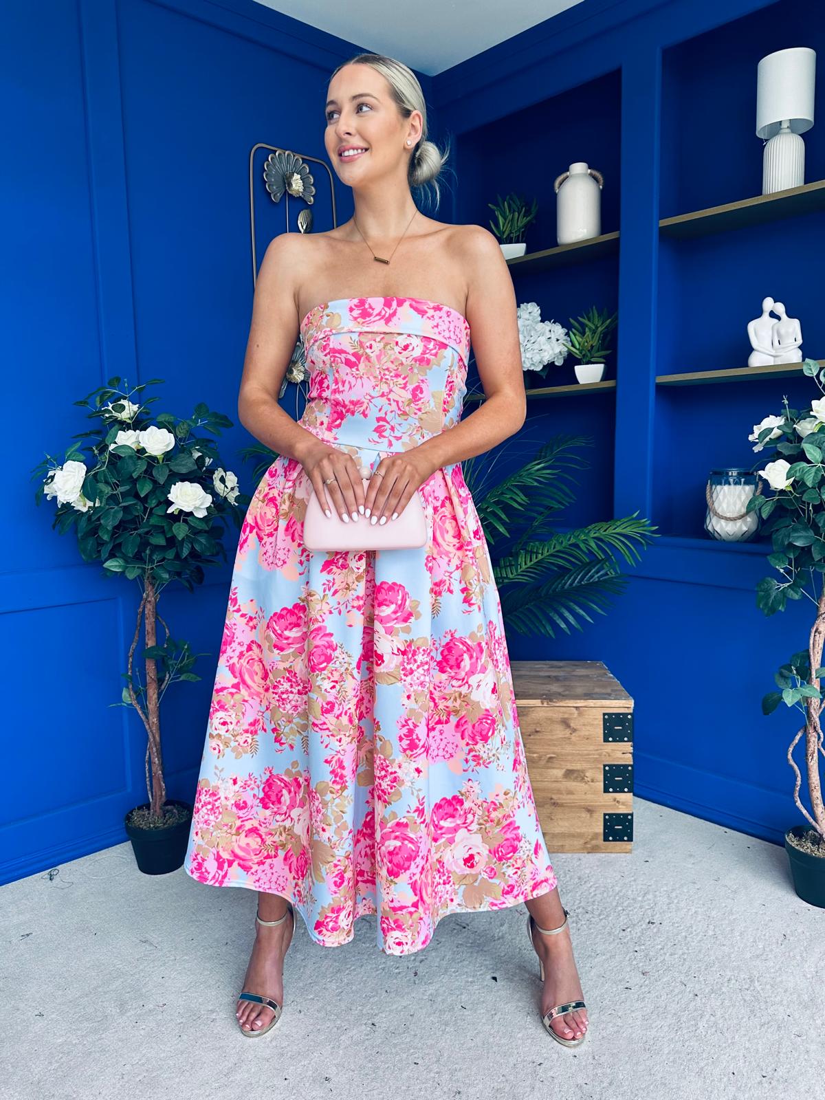 Danni Strapless Bandeau Midi Dress Floral