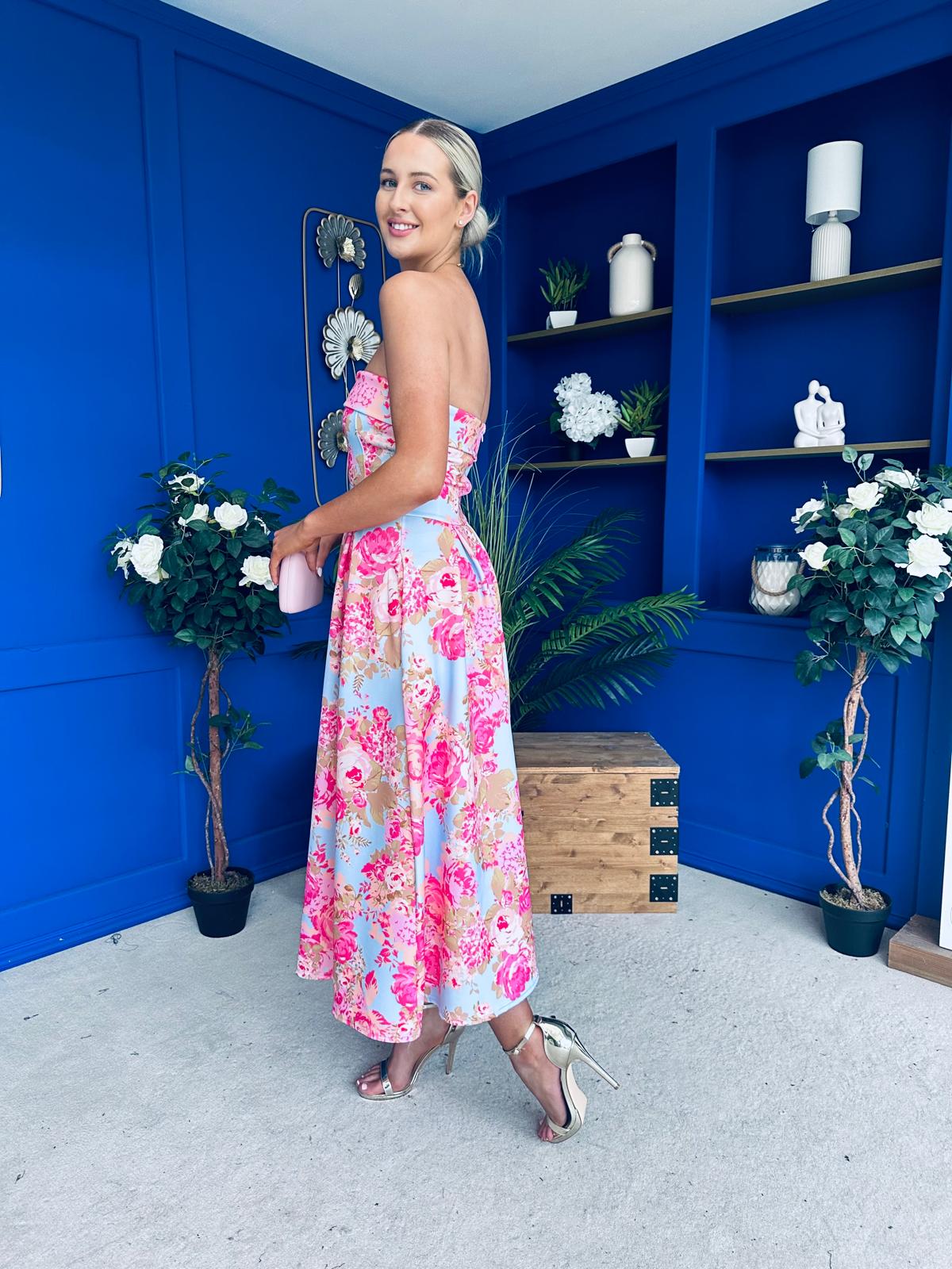 Danni Strapless Bandeau Midi Dress Floral