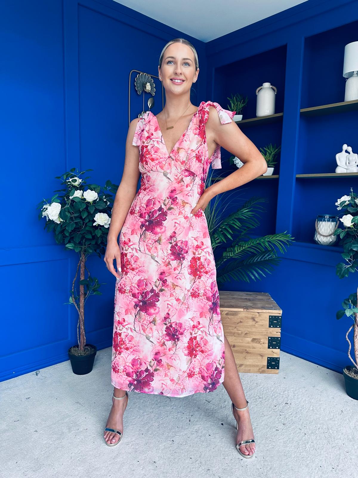 Beverly Floral Tie Shoulder Midi Dress