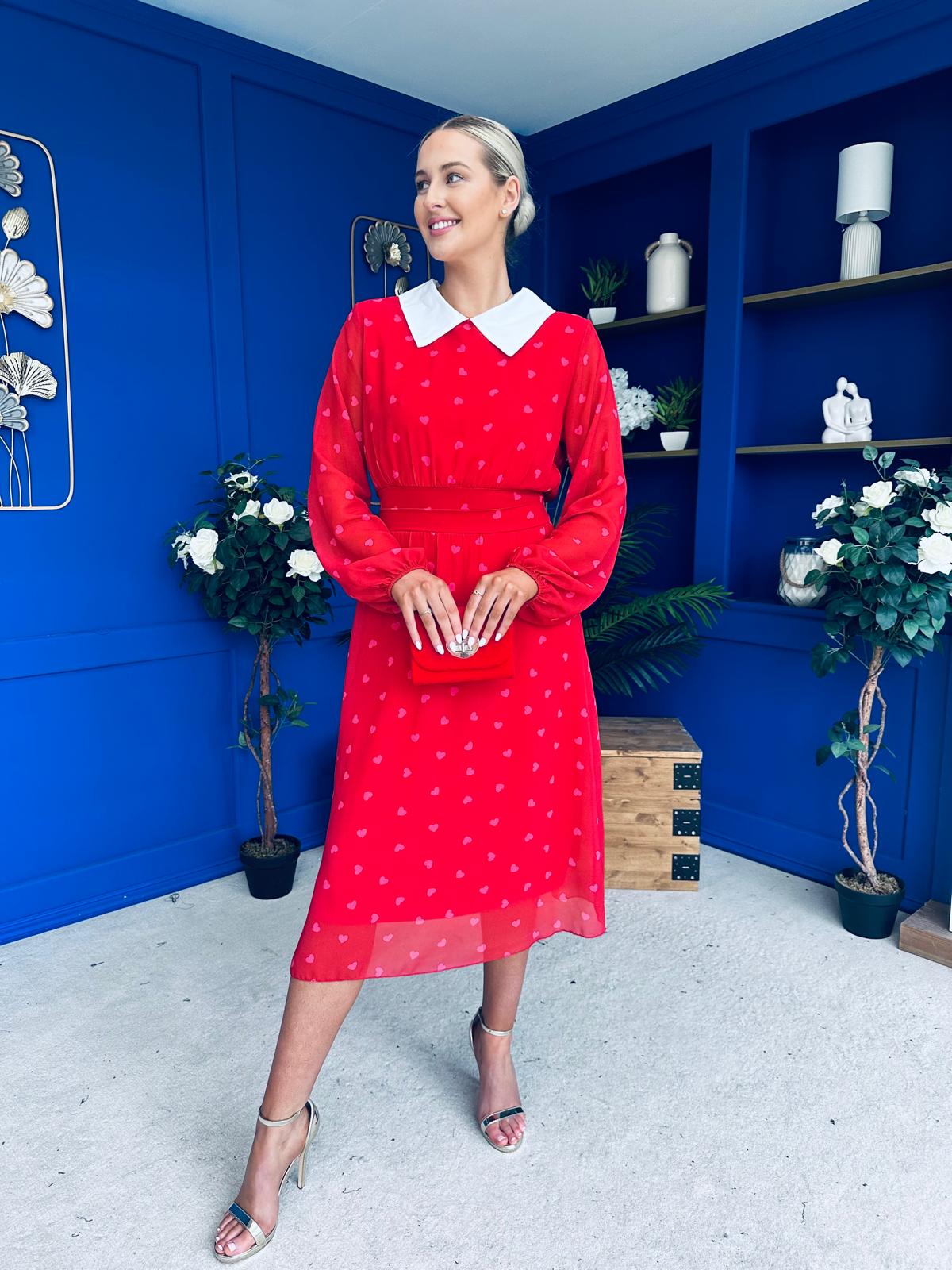 Doireann Detailed Midi Dress Polka Heart Red