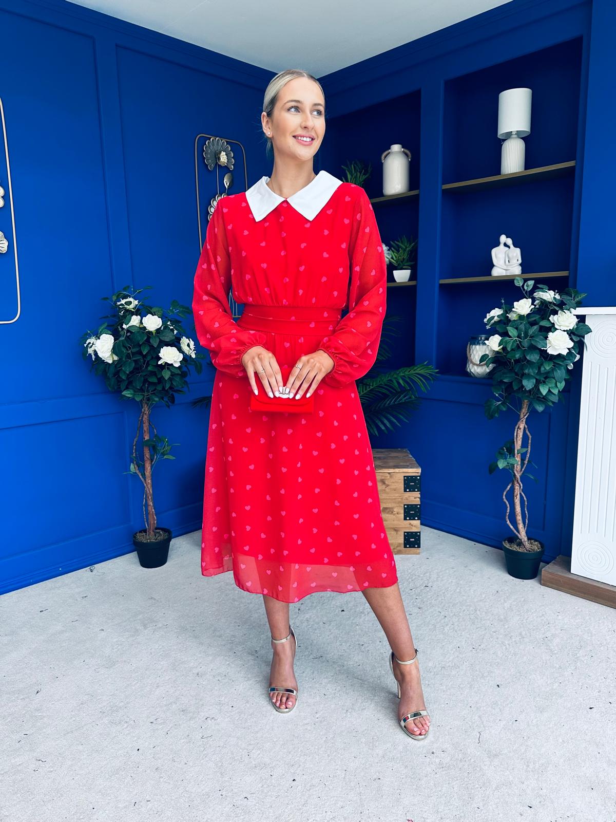 Doireann Detailed Midi Dress Polka Heart Red