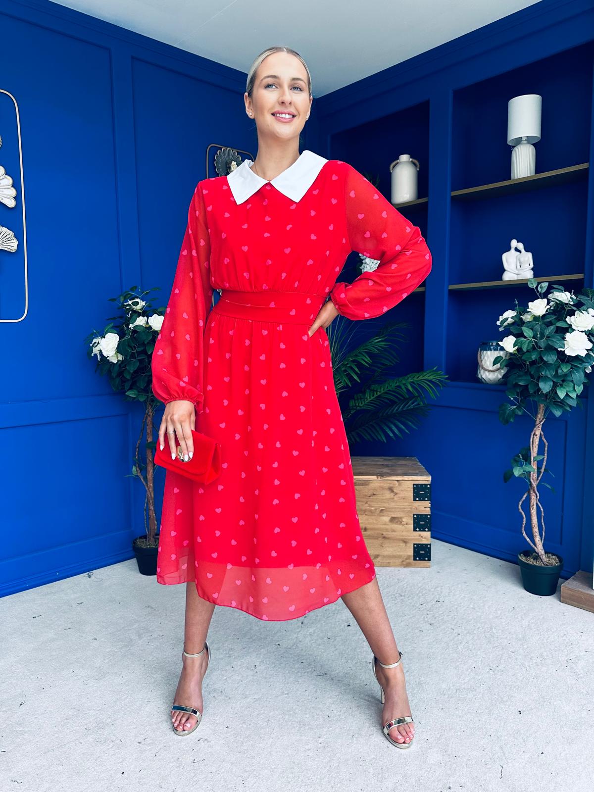 Doireann Detailed Midi Dress Polka Heart Red