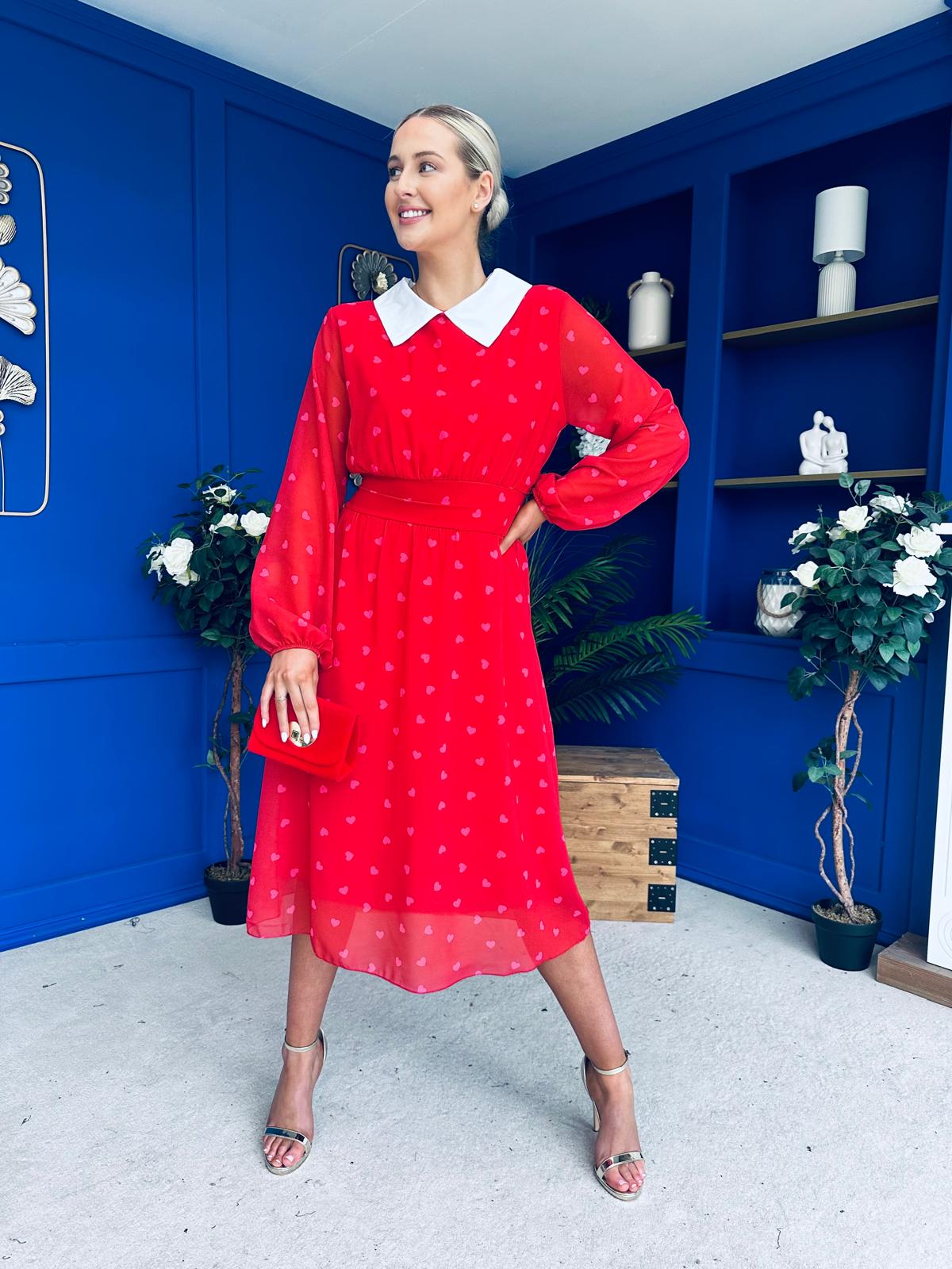 Doireann Detailed Midi Dress Polka Heart Red