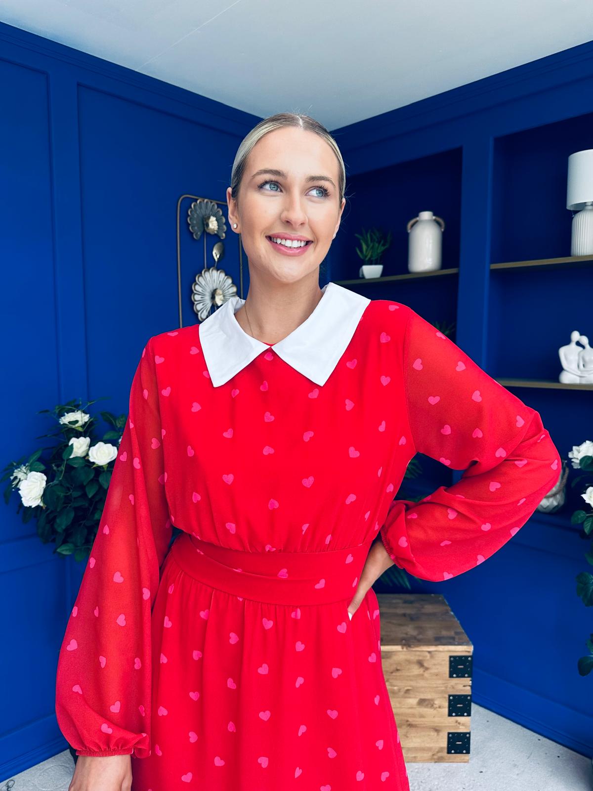 Doireann Detailed Midi Dress Polka Heart Red