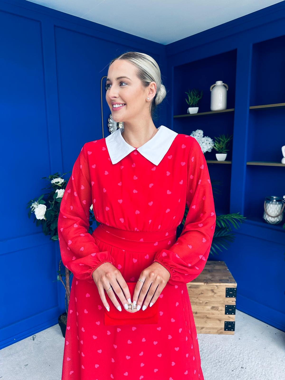 Doireann Detailed Midi Dress Polka Heart Red