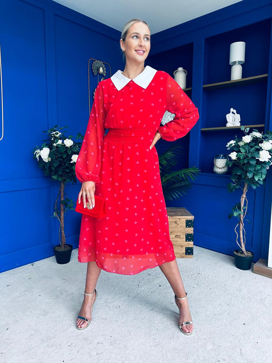 Doireann Detailed Midi Dress Polka Heart Red