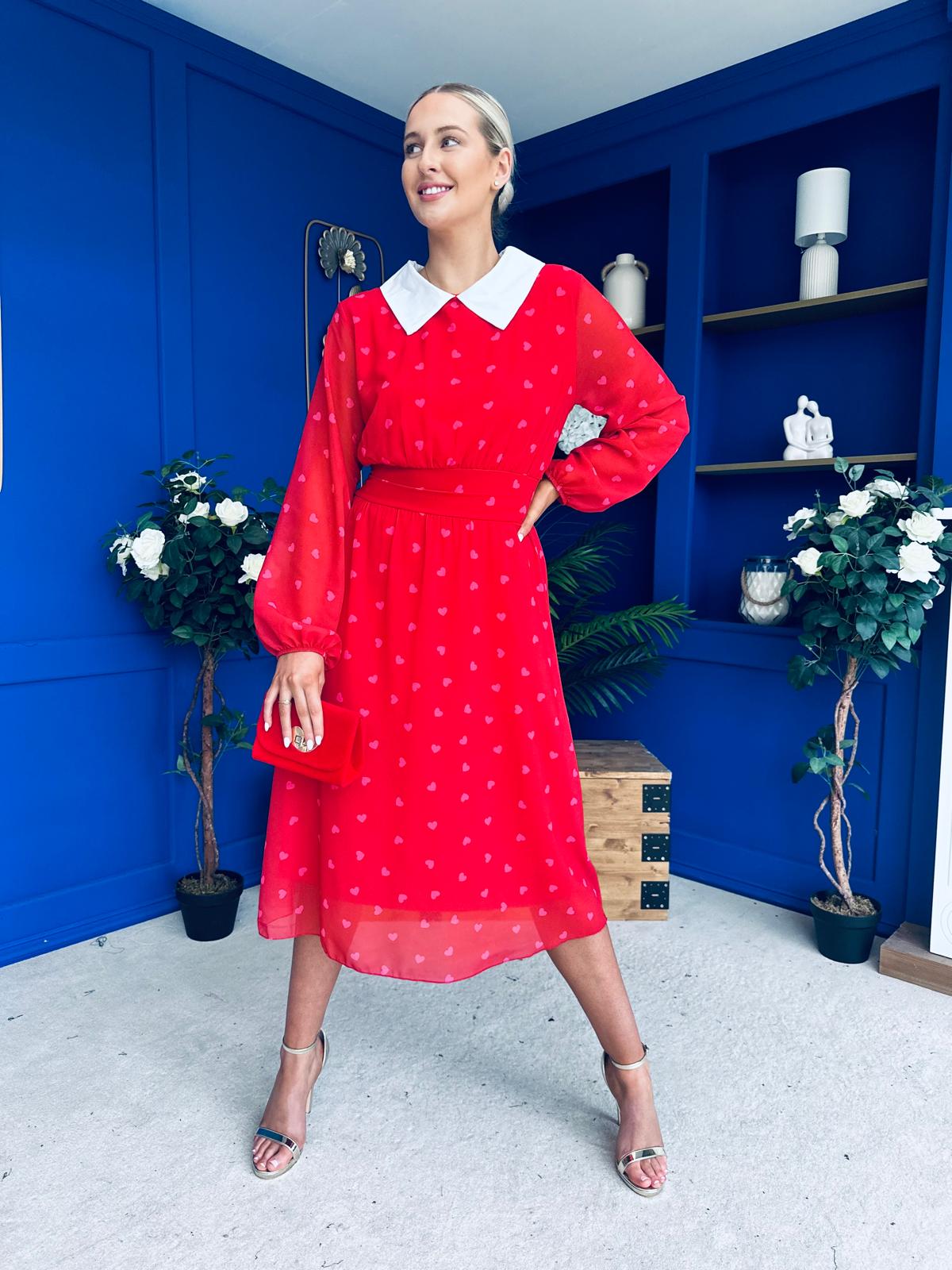 Doireann Detailed Midi Dress Polka Heart Red