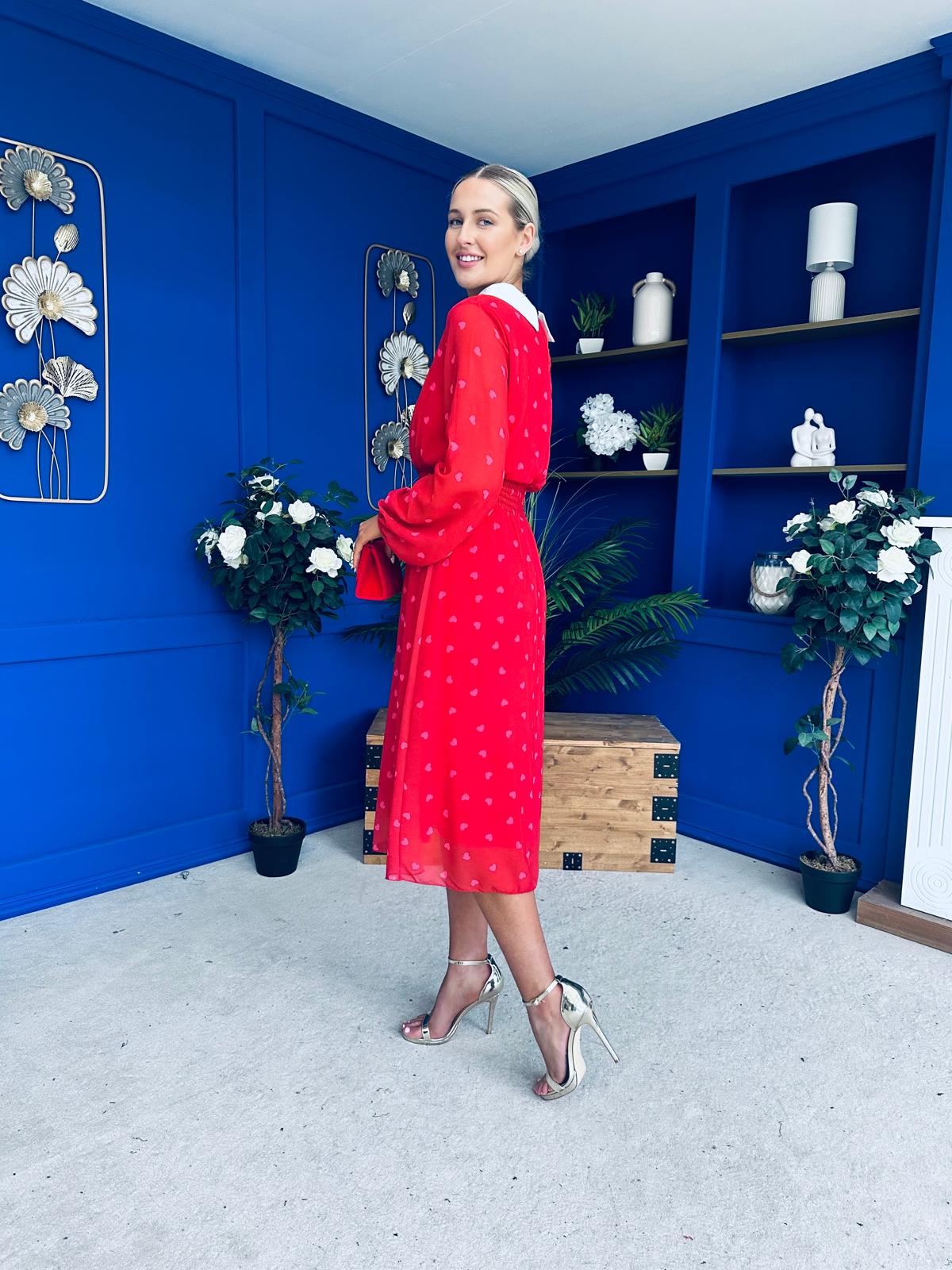 Doireann Detailed Midi Dress Polka Heart Red
