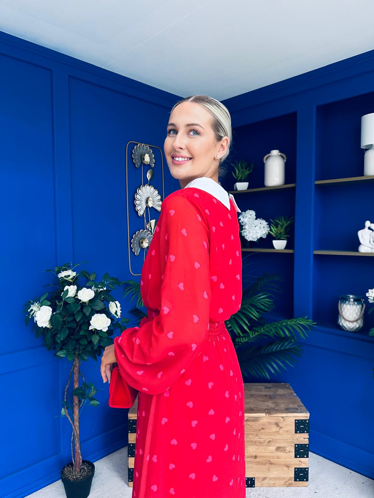 Doireann Detailed Midi Dress Polka Heart Red