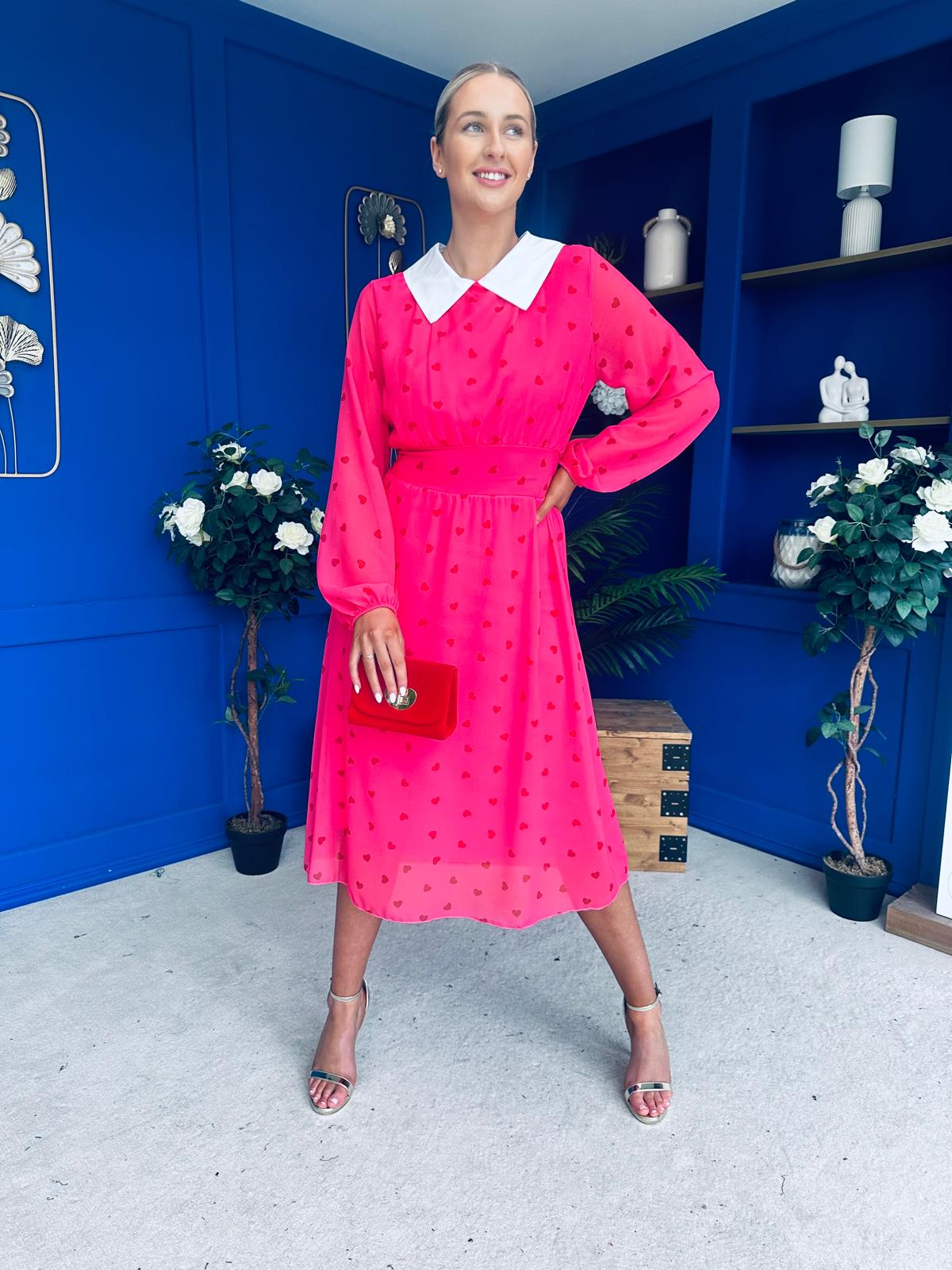 Doireann Detailed Midi Dress Polka Heart Pink