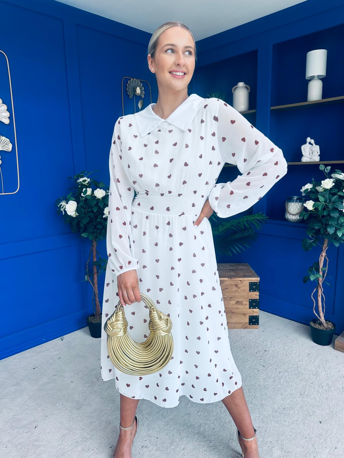 Doireann Detailed Midi Dress Polka Heart Coco White