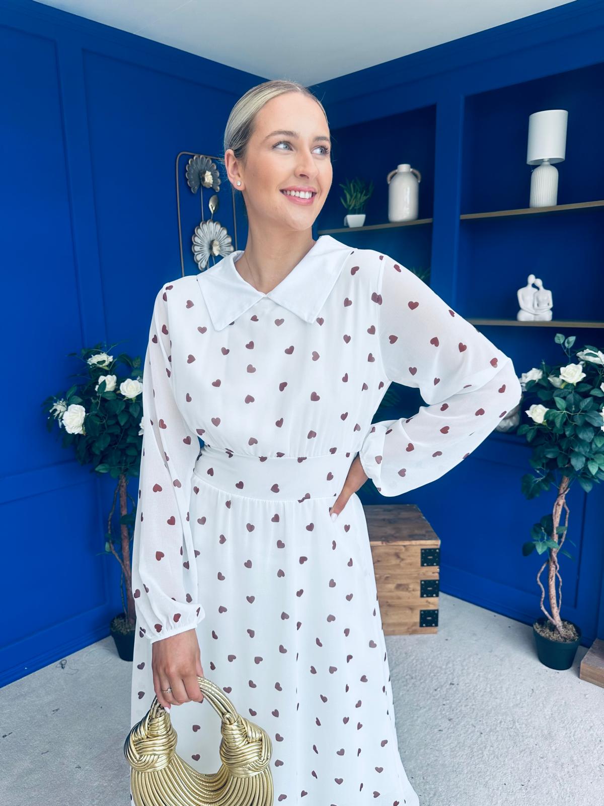 Doireann Detailed Midi Dress Polka Heart Coco White