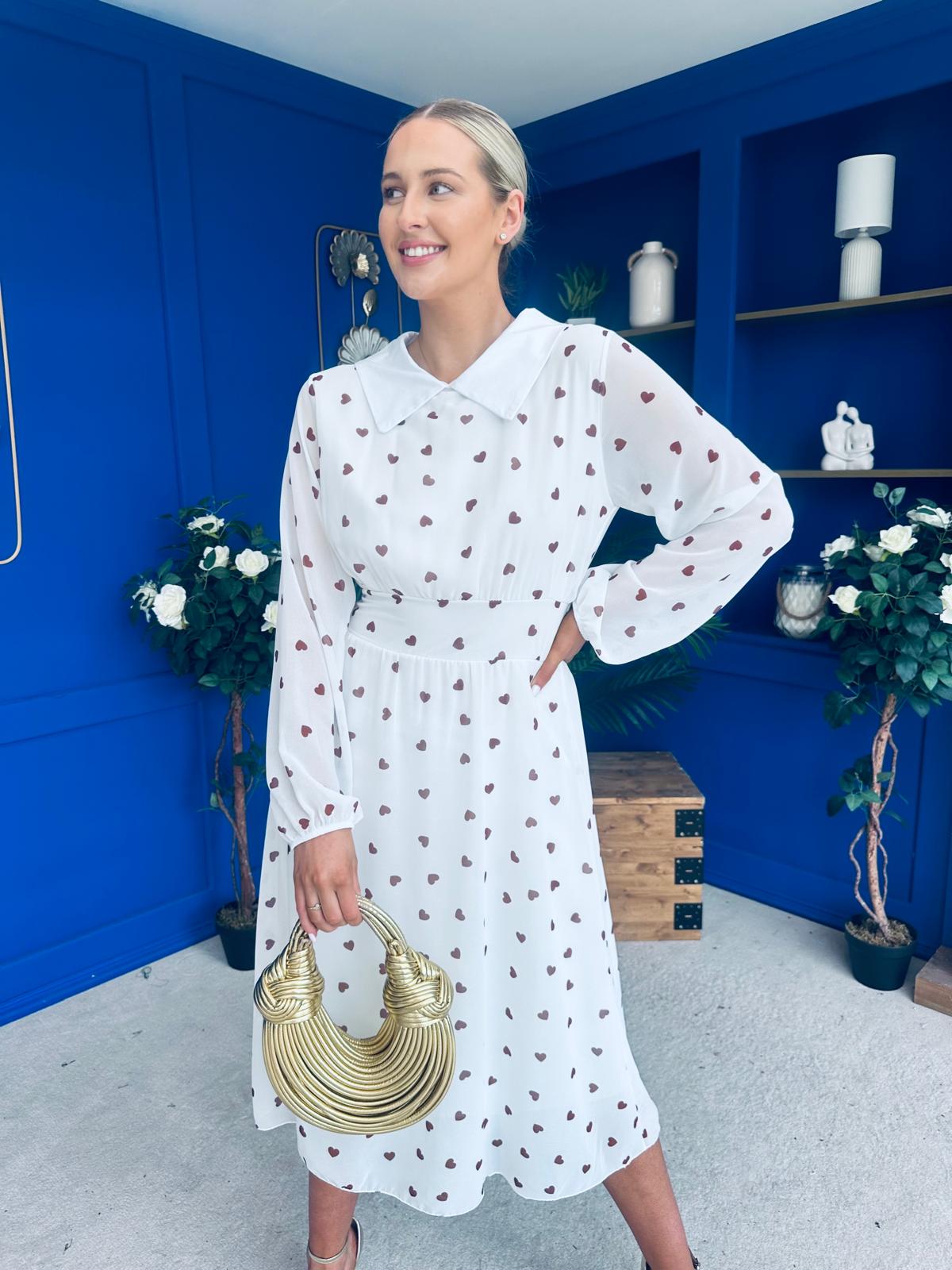 Doireann Detailed Midi Dress Polka Heart Coco White