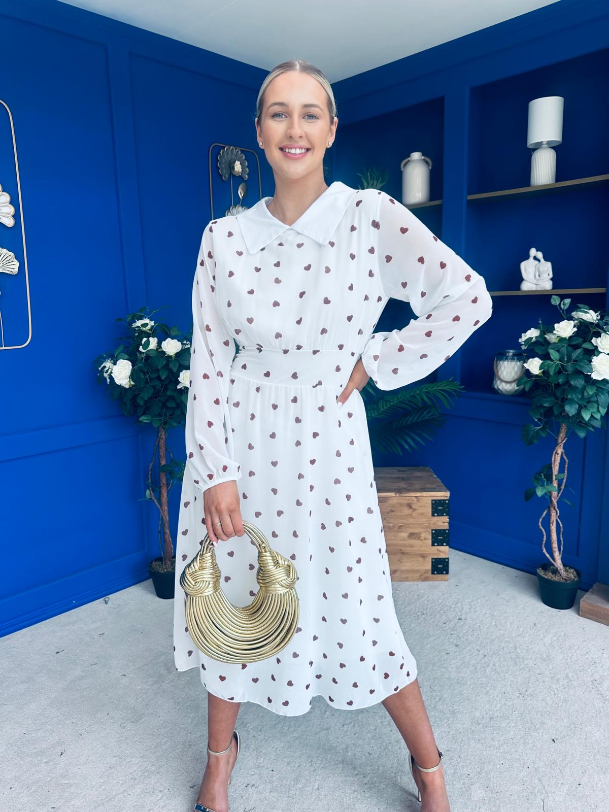 Doireann Detailed Midi Dress Polka Heart Coco White