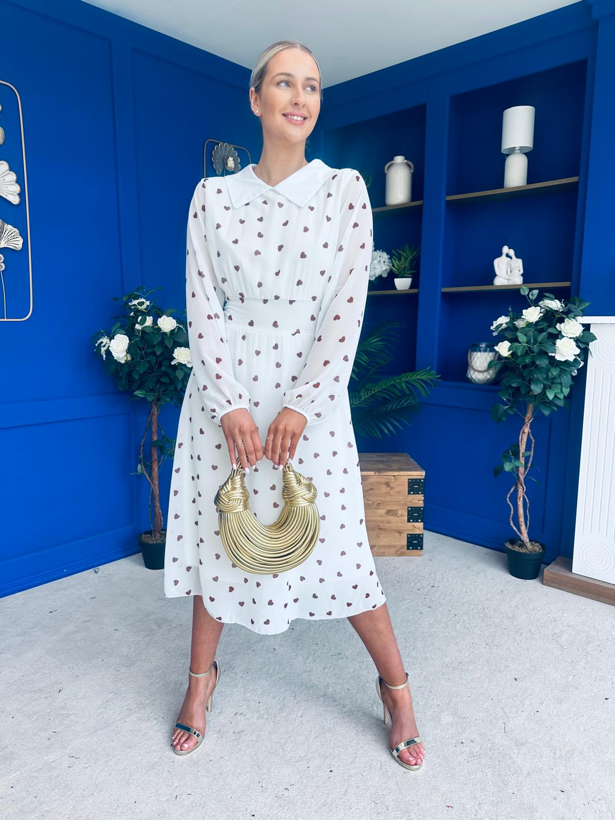 Doireann Detailed Midi Dress Polka Heart Coco White
