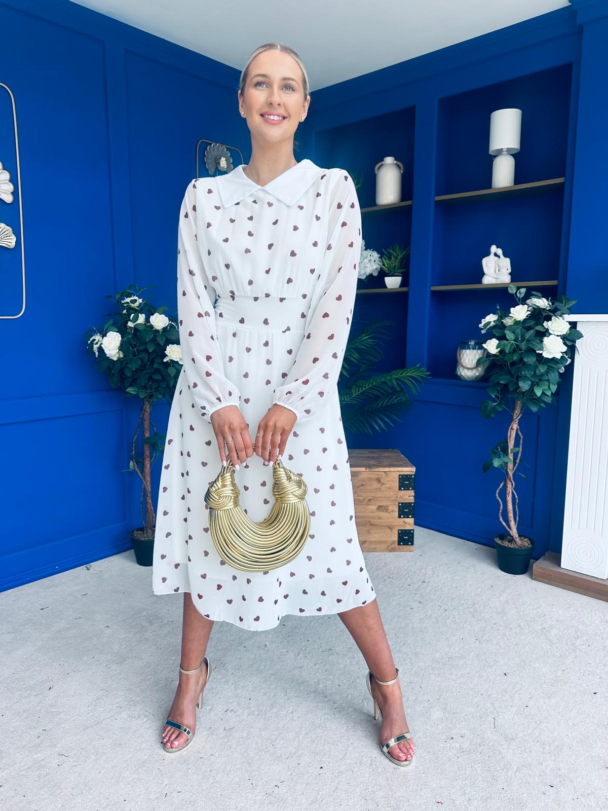 Doireann Detailed Midi Dress Polka Heart Coco White