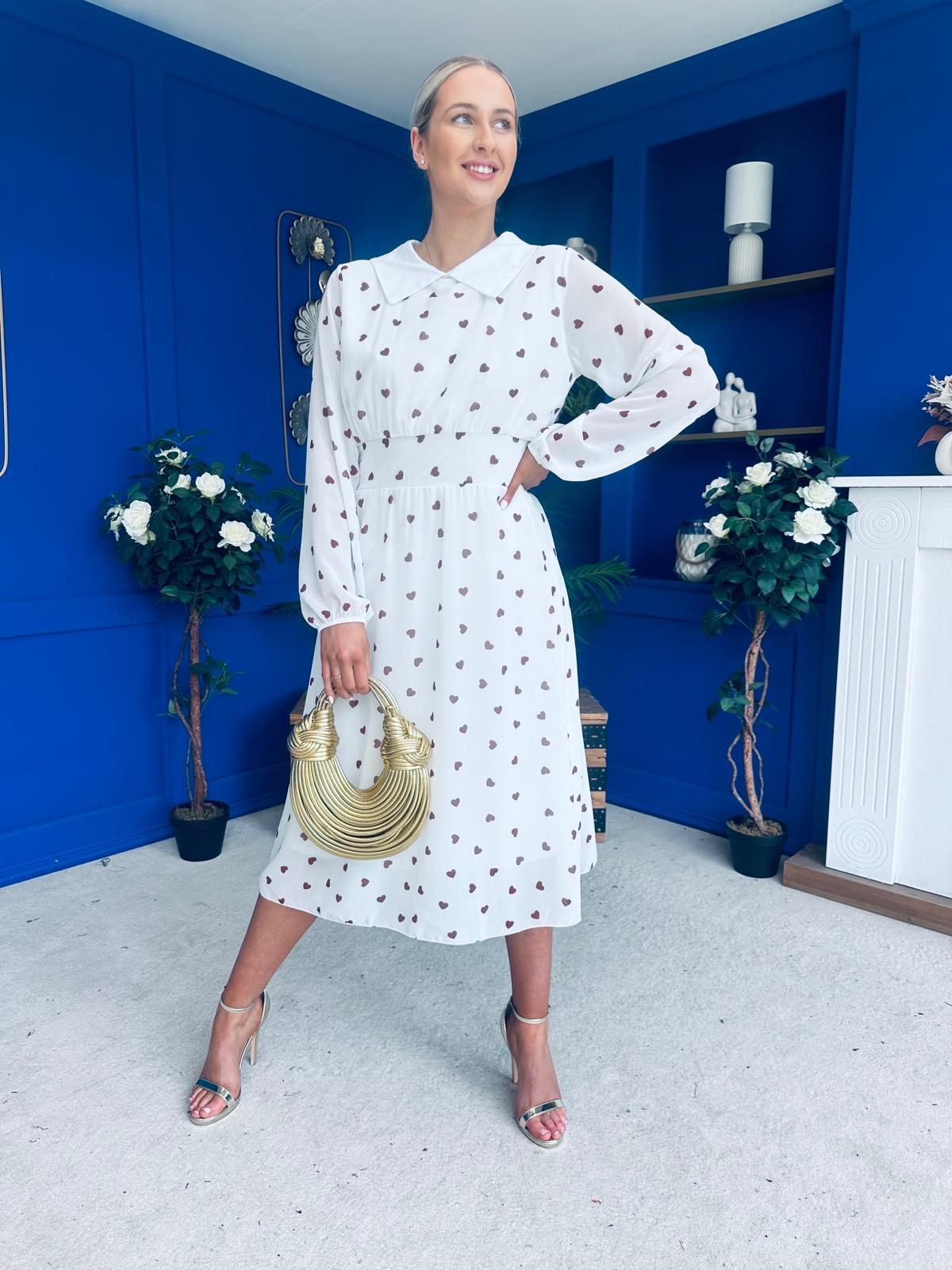Doireann Detailed Midi Dress Polka Heart Coco White