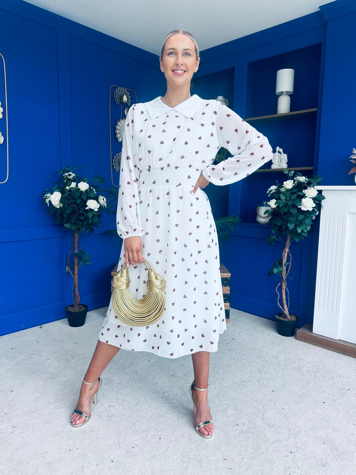 Doireann Detailed Midi Dress Polka Heart Coco White