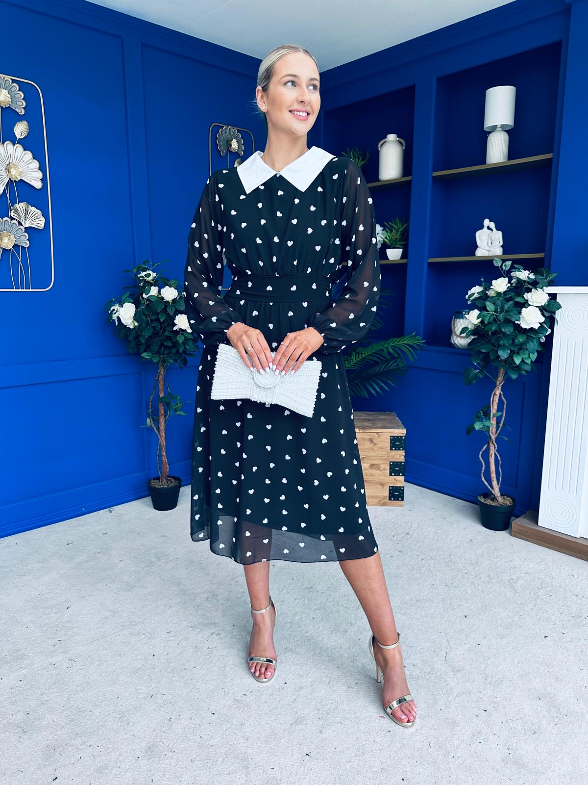 Doireann Detailed Midi Dress Polka Heart Black