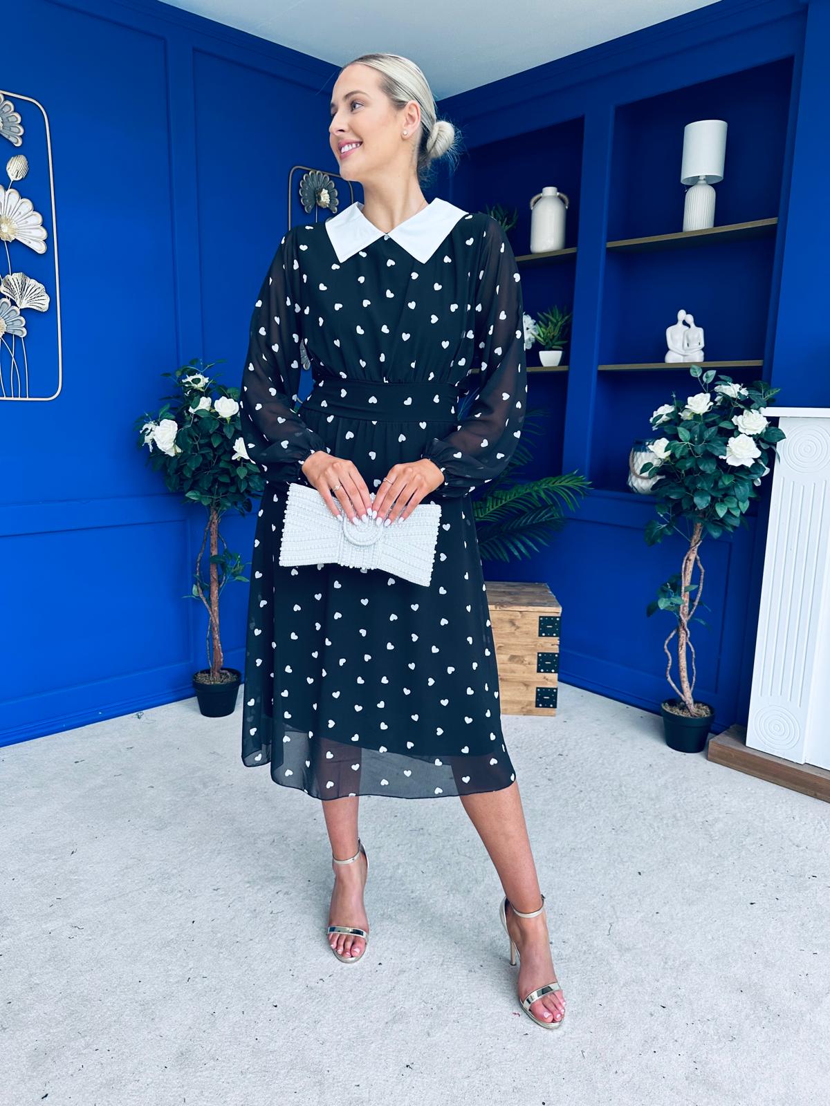 Doireann Detailed Midi Dress Polka Heart Black