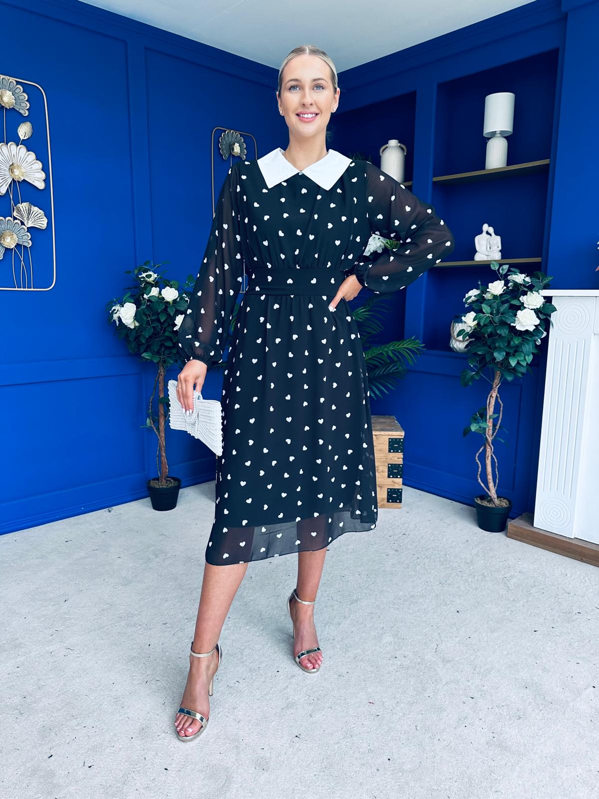 Doireann Detailed Midi Dress Polka Heart Black