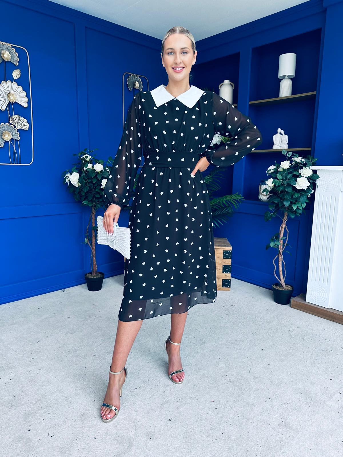 Doireann Detailed Midi Dress Polka Heart Black