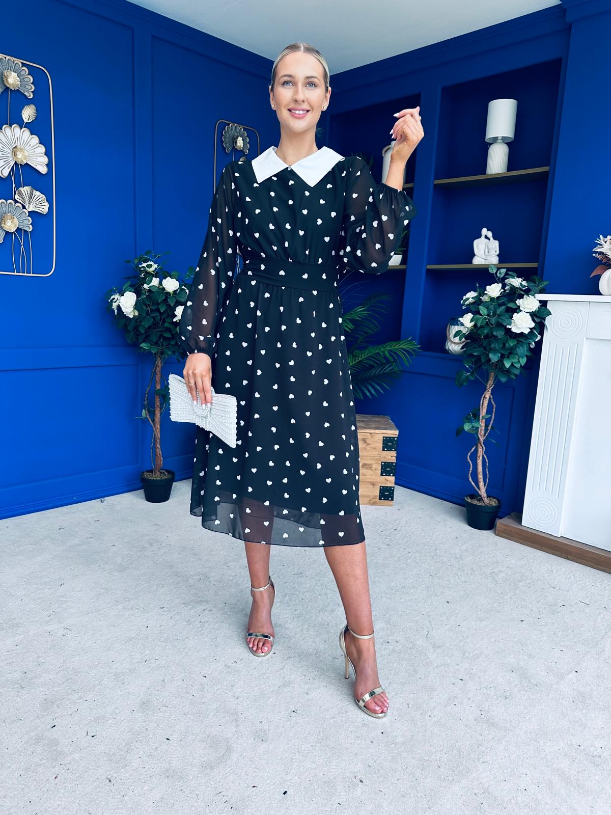 Doireann Detailed Midi Dress Polka Heart Black