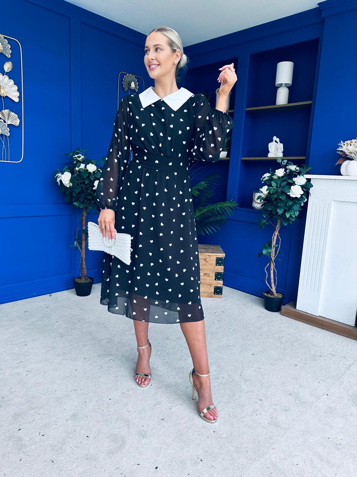 Doireann Detailed Midi Dress Polka Heart Black