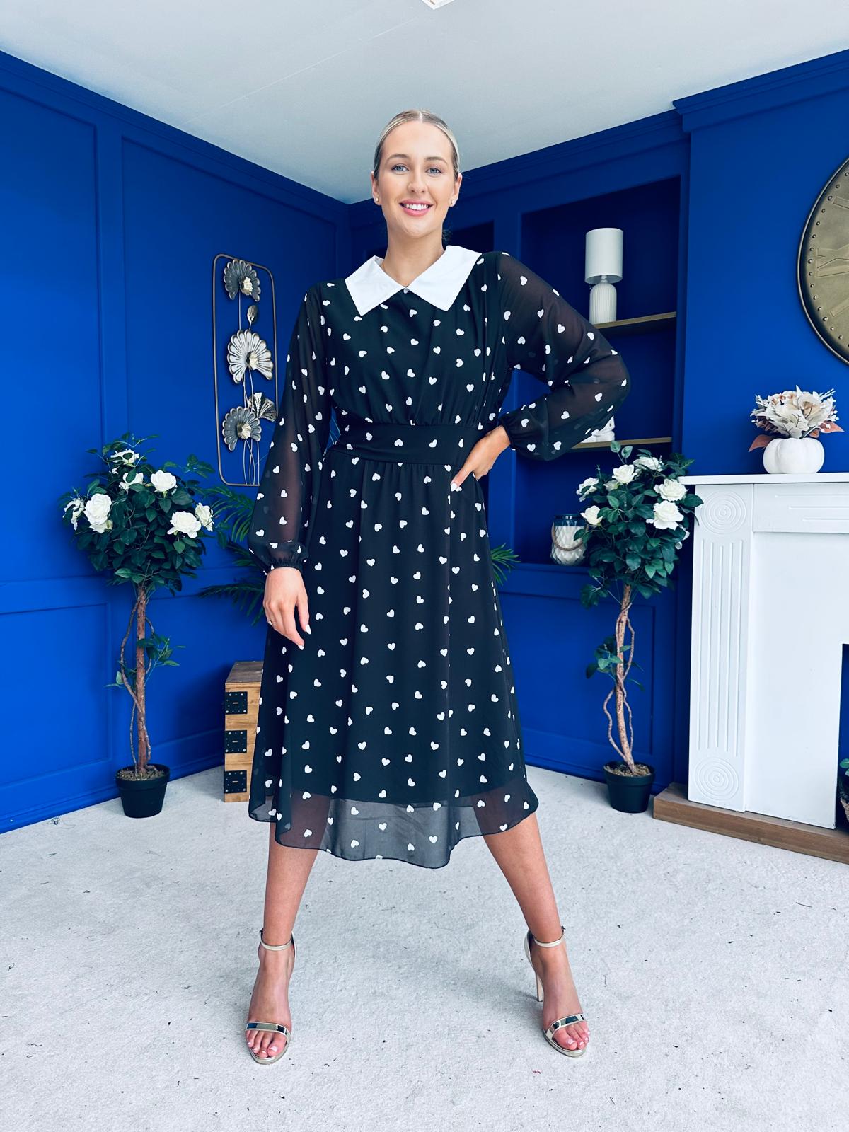 Doireann Detailed Midi Dress Polka Heart Black