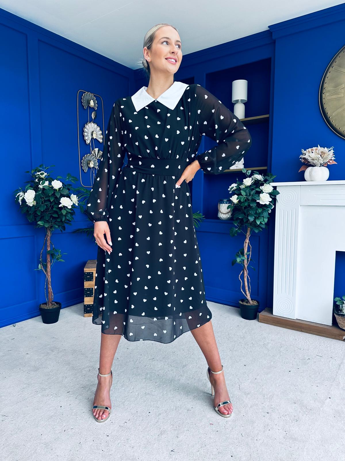 Doireann Detailed Midi Dress Polka Heart Black