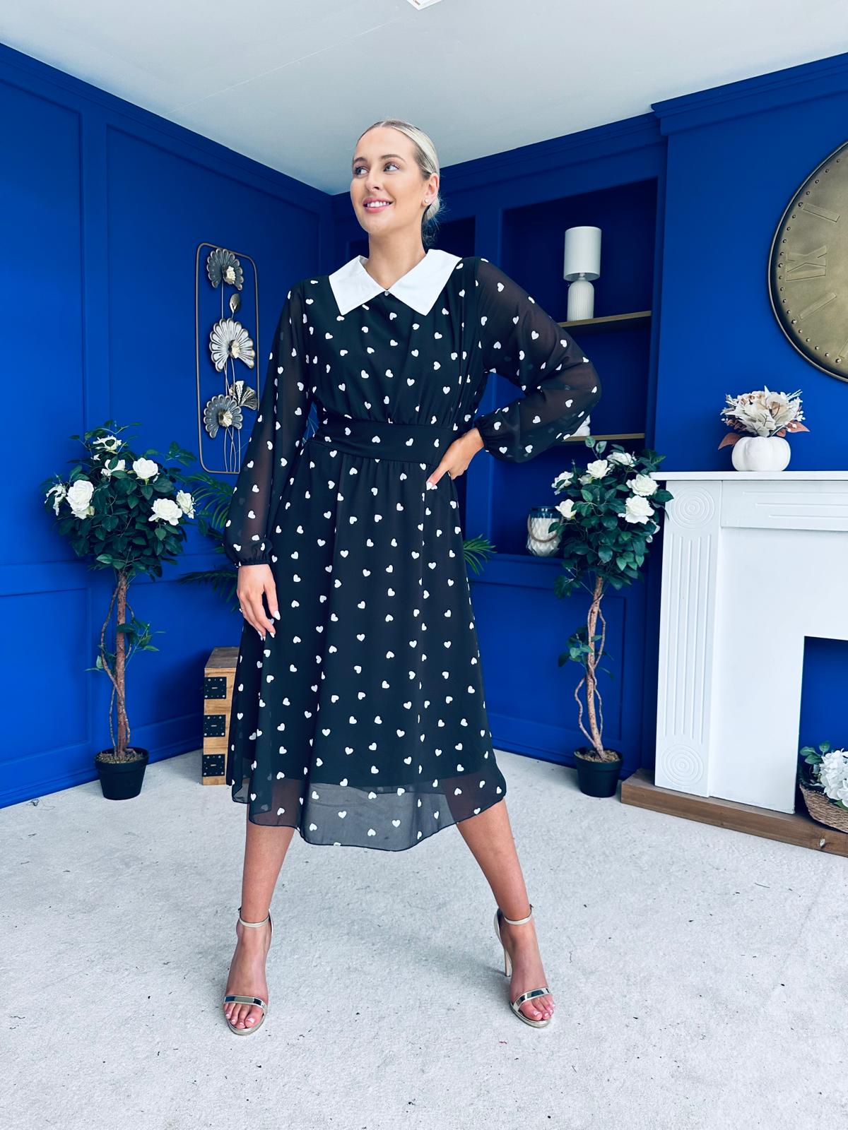 Doireann Detailed Midi Dress Polka Heart Black