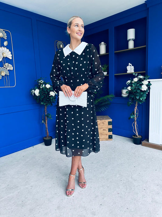 Doireann Detailed Midi Dress Polka Heart Black
