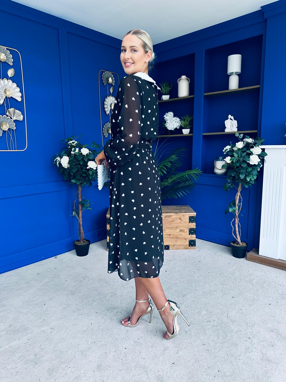 Doireann Detailed Midi Dress Polka Heart Black