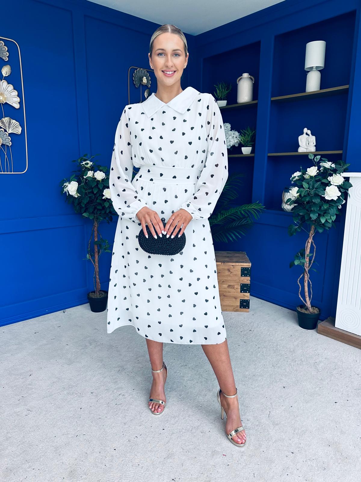 Doireann Detailed Midi Dress Polka Heart Black White